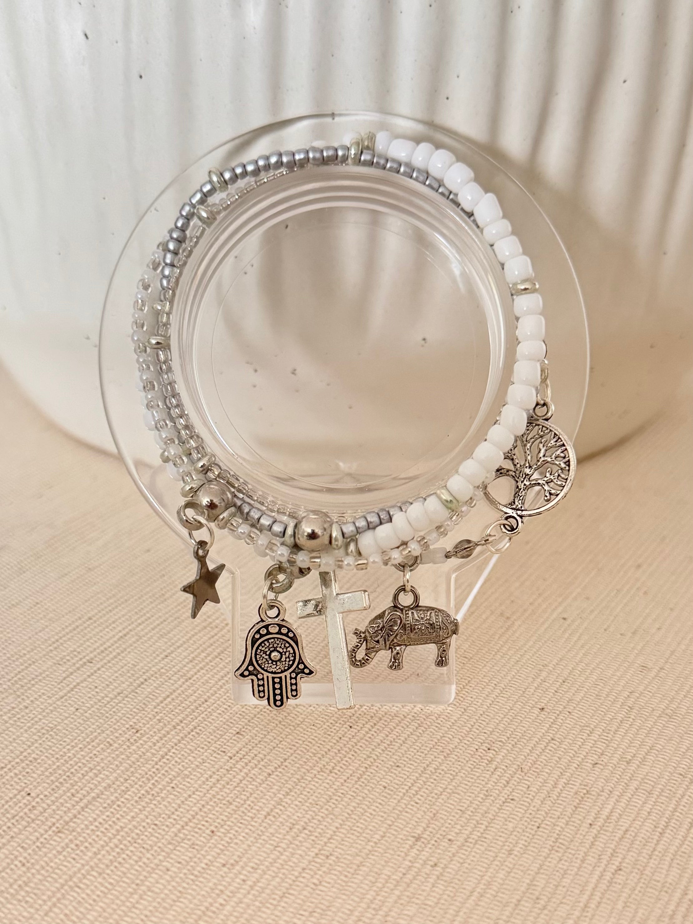 White 5 Beaded Stack Bracelet.